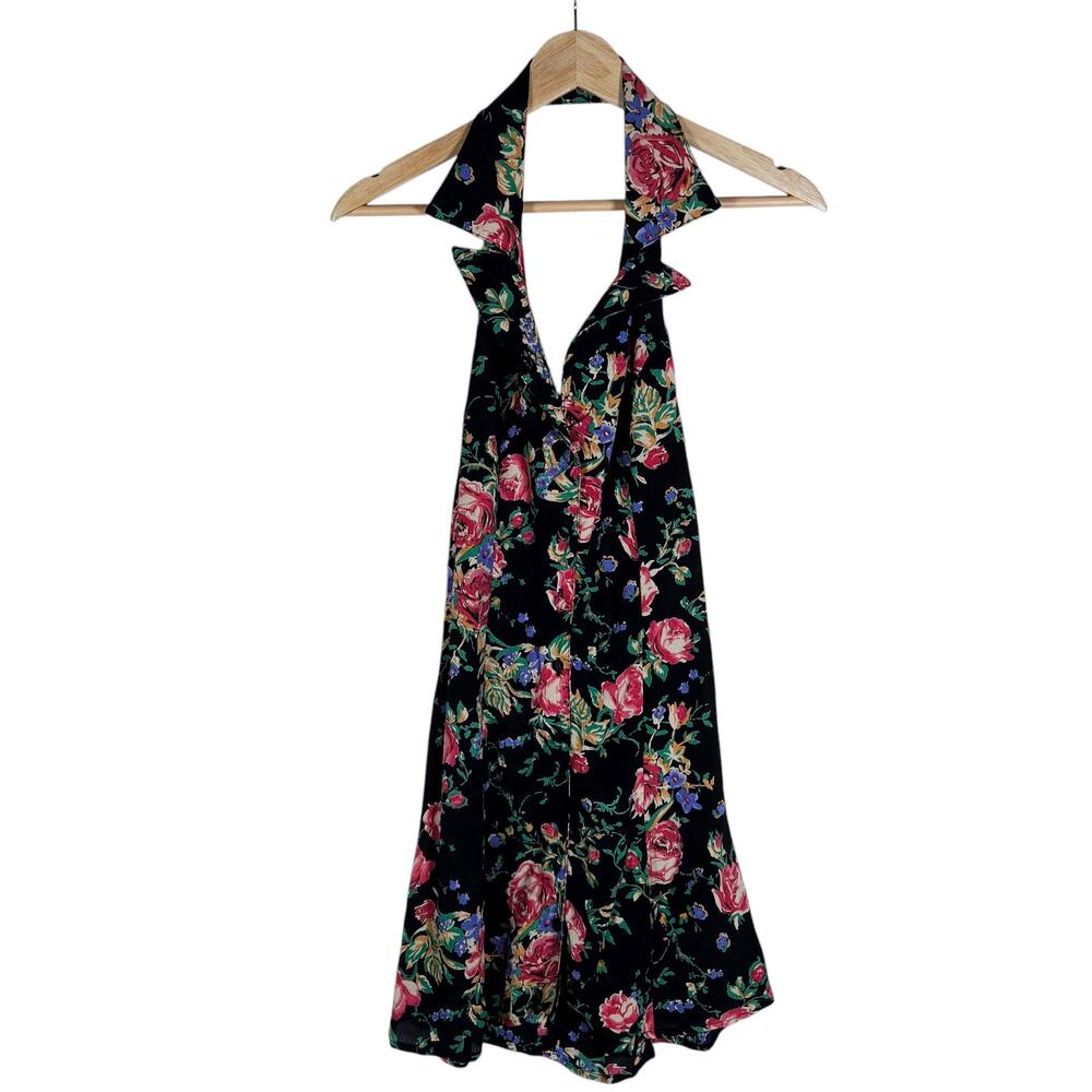Vanessa Mooney Mini Dress Small Black Floral Halter Lapel Collar Vintage Vibe